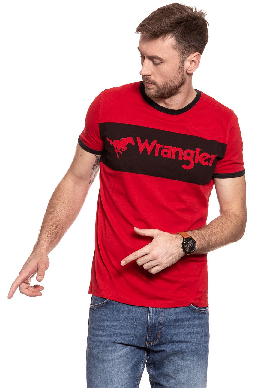 KOSZULKA WRANGLER LOGO RINGER TEE HIGH RISK RED W7B68FQ1P