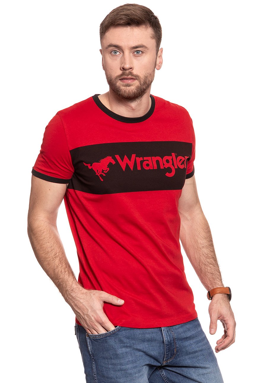 KOSZULKA WRANGLER LOGO RINGER TEE HIGH RISK RED W7B68FQ1P