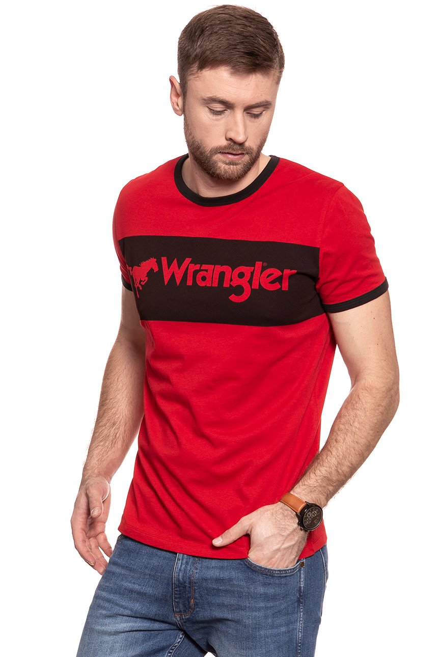 KOSZULKA WRANGLER LOGO RINGER TEE HIGH RISK RED W7B68FQ1P