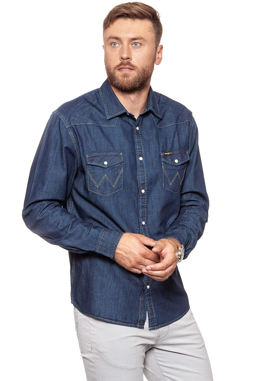 KOSZULA JEANSOWA MĘSKA WRANGLER LS WESTERN SHIRT RINSE INDIGO W5973O7WE