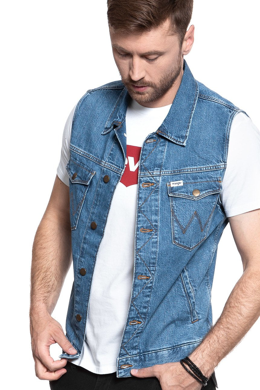 MĘSKI BEZRĘKAWNIK JEANSOWY WRANGLER DENIM VEST  BORA BLUE W447Q318F