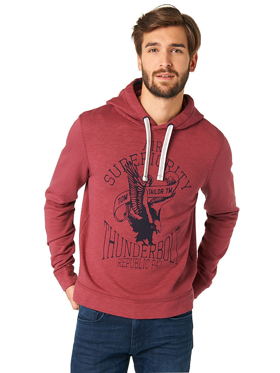 BLUZA TOM TAILOR WASHED HOODIE WITH PRINT DARK CLARET RED 25293850010 COL. 4480