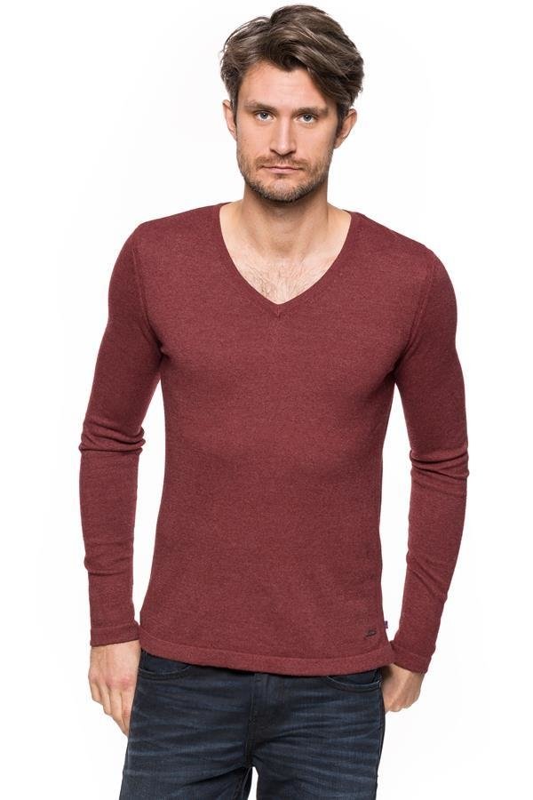 MĘSKI SWETER TOM TAILOR V-NECK WITH RIB DETAILS BURGUNDY DARK RED 3018534.00.15 COL. 4499