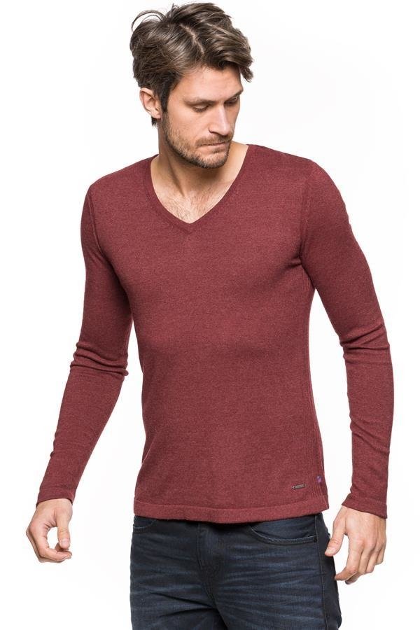 MĘSKI SWETER TOM TAILOR V-NECK WITH RIB DETAILS BURGUNDY DARK RED 3018534.00.15 COL. 4499