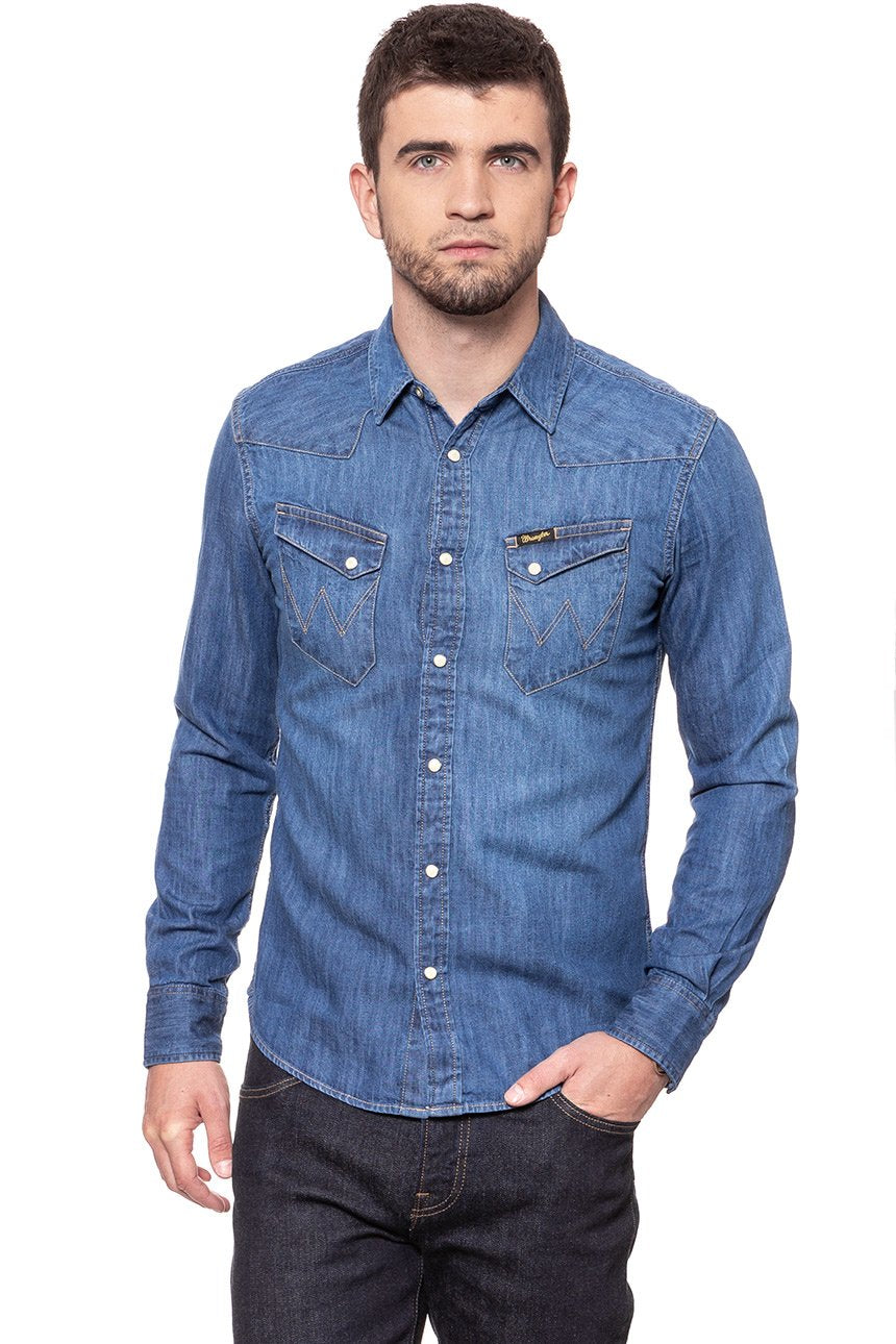 KOSZULA JEANSOWA MĘSKA WRANGLER L/S WESTERN SHIRT MID INDIGO W5833O68E