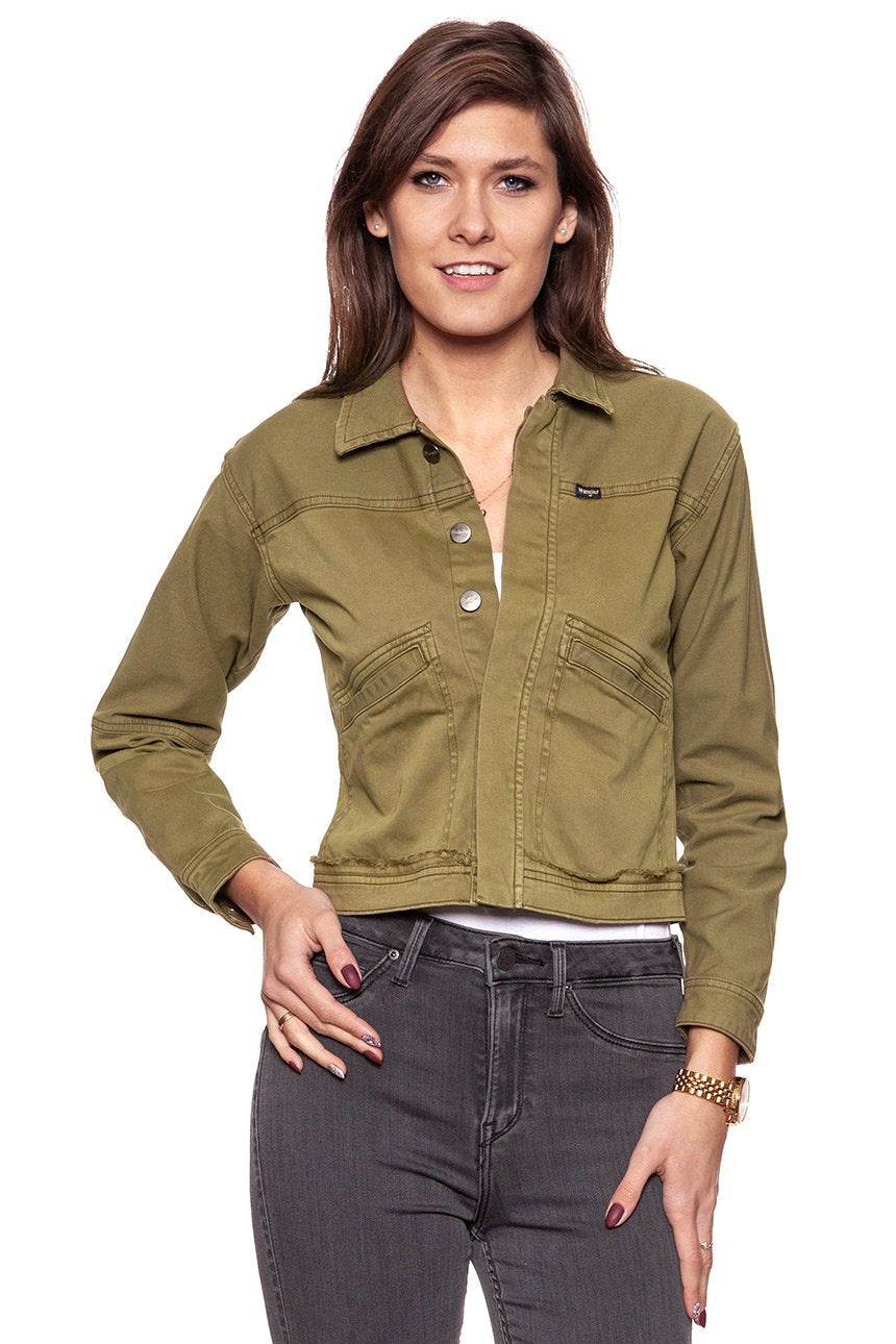 DAMSKA KURTKA JEANSOWA WRANGLER CROP JACKET ARMY GREEN W402CBGV7