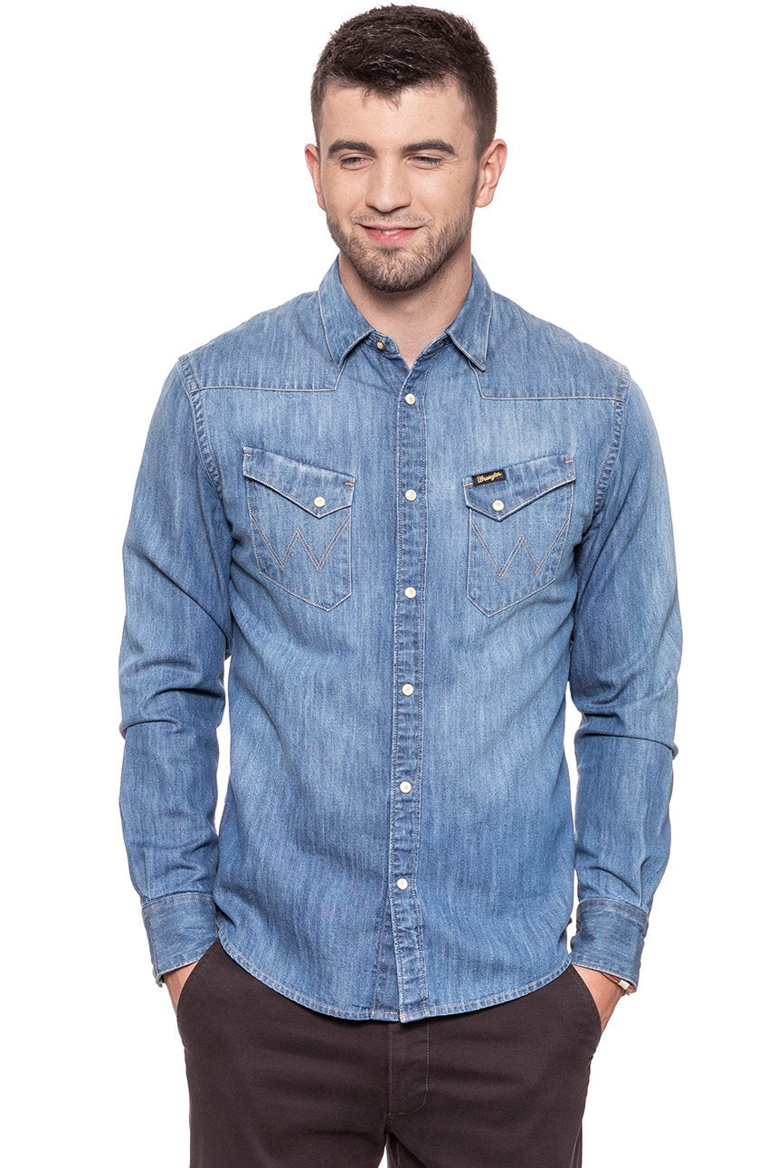 KOSZULA JEANSOWA MĘSKA WRANGLER L/S WESTERN SHIRT MID INDIGO W5870O68E