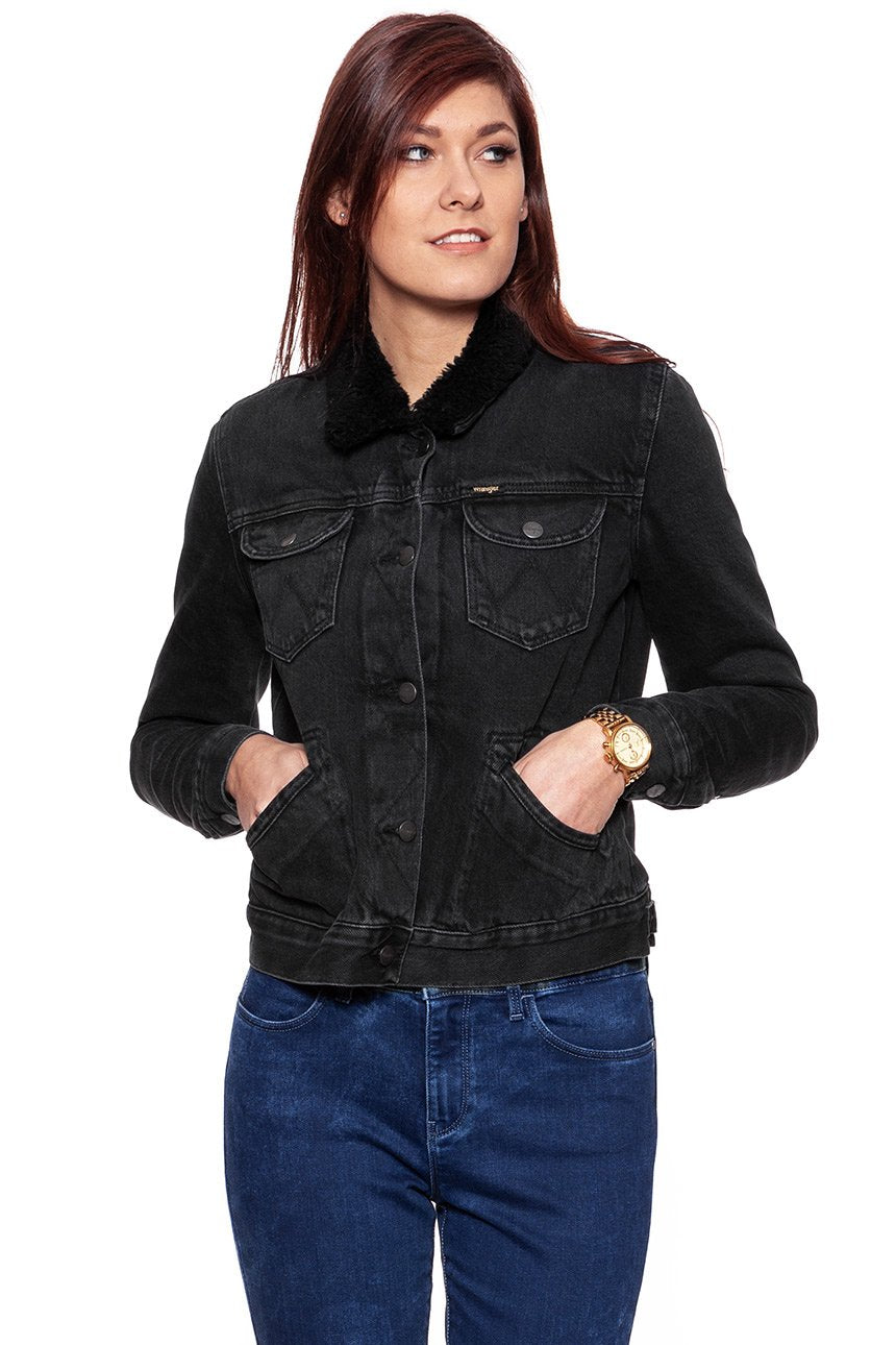 DAMSKA KURTKA JEANSOWA WRANGLER DENIM SHERPA JACKET ALL BLACK W402UD899