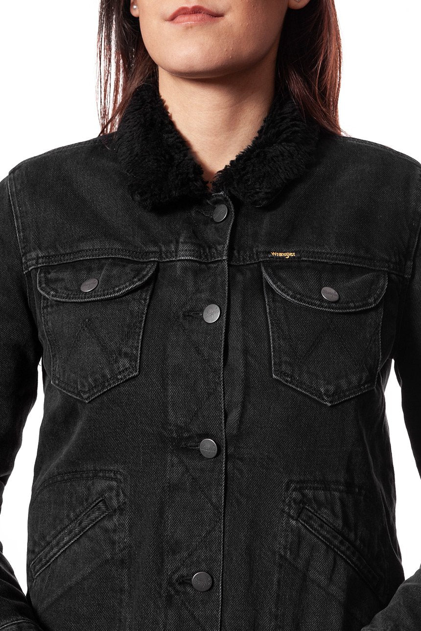 DAMSKA KURTKA JEANSOWA WRANGLER DENIM SHERPA JACKET ALL BLACK W402UD899