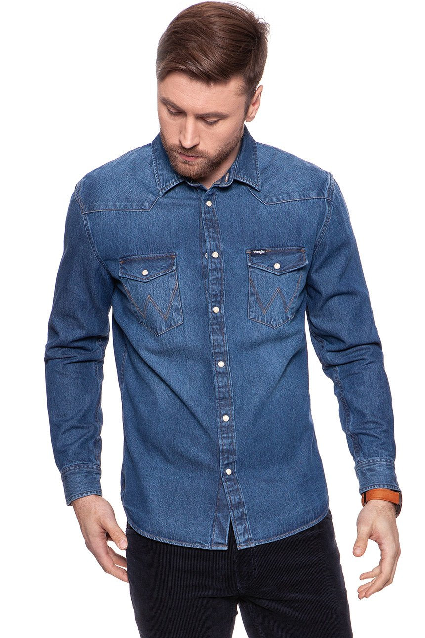 KOSZULA JEANSOWA MĘSKA WRANGLER WESTERN DENIM SHIRT MID STONE W5973LWZ4