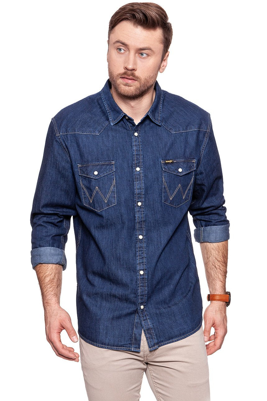 KOSZULA JEANSOWA MĘSKA WRANGLER DENIM WESTERN SHIRT DARK INDIGO W5973O61E