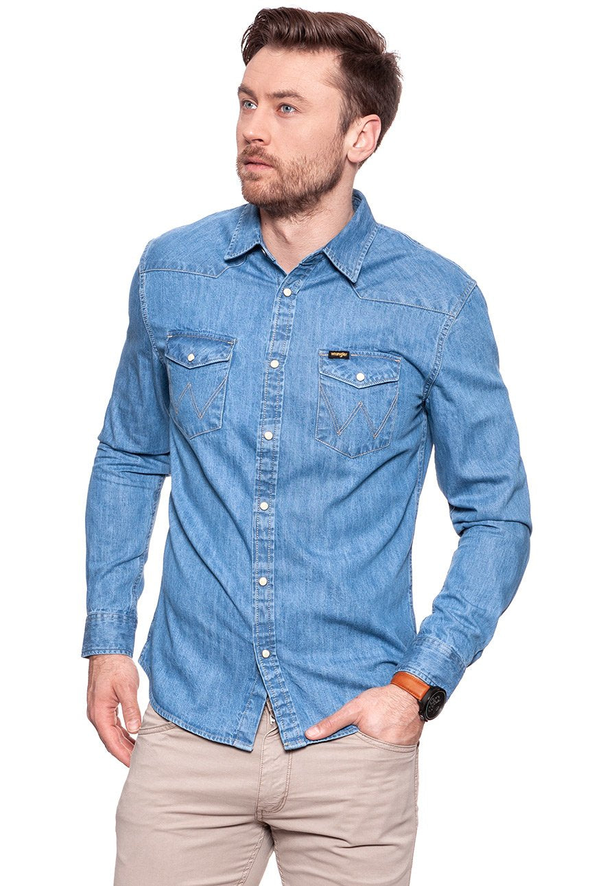 KOSZULA JEANSOWA MĘSKA WRANGLER DENIM WESTERN SHIRT LIGHT INDIGO W5973O64E