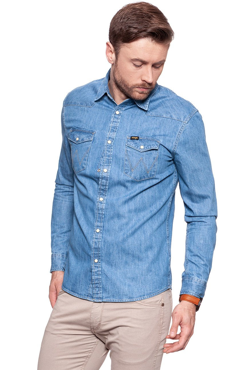 KOSZULA JEANSOWA MĘSKA WRANGLER DENIM WESTERN SHIRT LIGHT INDIGO W5973O64E